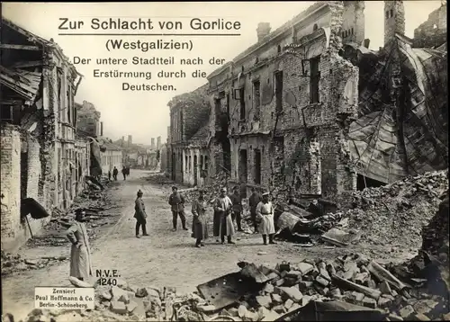 Ak Gorlice Polen, Deutsche Soldaten in Uniformen, Kriegszerstörungen, I WK