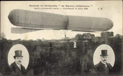 Ak Courbevoie Hauts de Seine, Rentree du Dirigeable de Marcay Klüjtmans 1908, Luftschiff
