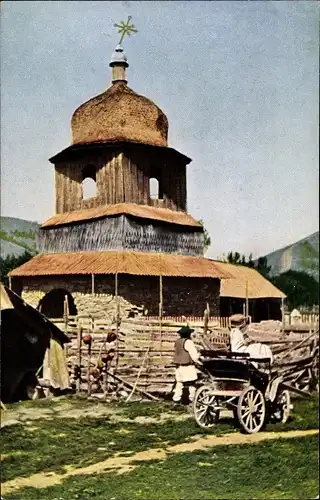 Ak Balkan, Rumänien, Kleine Dorfkirche aus Stein und Holz, Pferdekutsche