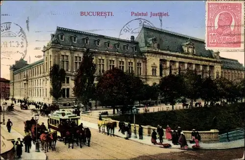 Ak București Bukarest Rumänien, Palatul Justitiei, Pferdebahn