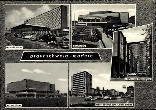 Ak Braunschweig in Niedersachsen, modern, Hauptbahnhof, Stadthalle, Technische Hochschule, Atrium