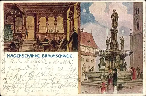 Künstler Ak Braunschweig in Niedersachsen, Innenansicht Hagenschänke, Partie am Brunnen