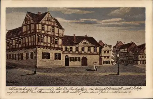 Künstler Ak Braunschweig, Rufäutchenplatz, Dienstbotenanstalt, Marstall