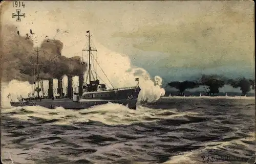 Künstler Ak Deutsches Kriegsschiff, SMS Stralsund, Durchbruch durch Vorpostenlinie