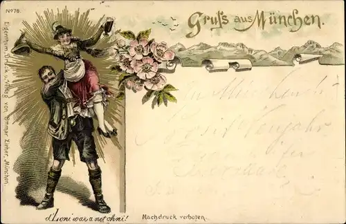 Litho Gruß aus München, Paar in Tracht, Dirndl, Lederhose