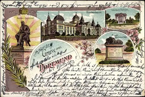 Litho Dortmund im Ruhrgebiet, Kaiserdenkmal, Fredenbaum, Louisentempel, Kriegerdenkmal