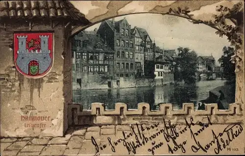Präge Wappen Passepartout Ak Hannover in Niedersachsen, Leineufer