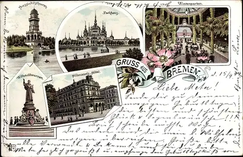 Litho Hansestadt Bremen, Aussichtsturm, Parkhaus, Wilhadibrunnen, Hillmanns Hotel, Wintergarten