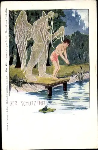 Künstler Ak Schutzengel, Junge auf einem Steg, Sprung ins Wasser