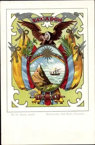 Wappen Litho Ecuador, Geier, Sonne, Regenboden, Fahnen, Fascis