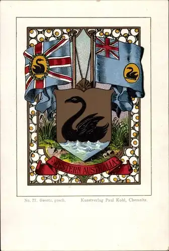 Wappen Künstler Ak Western Australia Australien, Schwarzer Schwan, Fahnen
