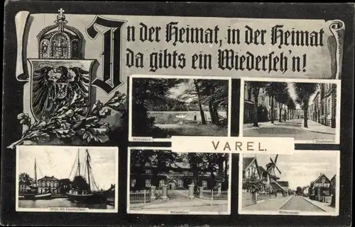 Ak Varel in Oldenburg Jadebusen, Mühlenteich, Drostenstraße, Hafen, Waisenhaus, Mühlenstraße