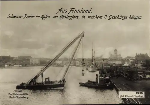 Ak Helsinki Helsingfors Finnland, Schwerer Prahm im Hafen