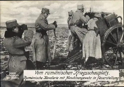 Ak Rumänischer Kriegsschauplatz, Rumänische Kavallerie mit Maschinengewehr in Feuerstellung, I WK