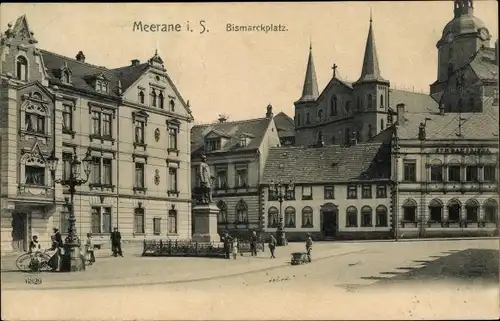 Ak Meerane in Sachsen, Bismarckplatz mit Bismarckdenkmal