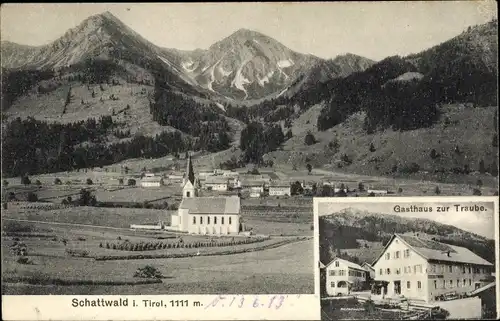 Ak Schattwald in Tirol, Gasthaus zur Traube, Kirche