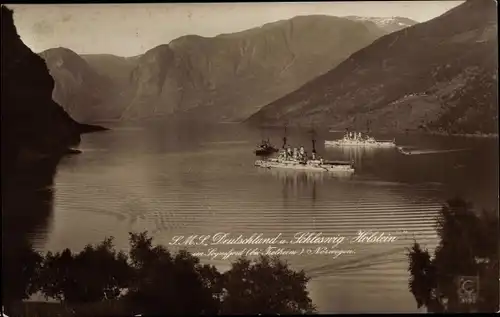 Ak Sognefjord Norwegen, Deutsche Kriegsschiffe, SMS Deutschland, SMS Schleswig Holstein