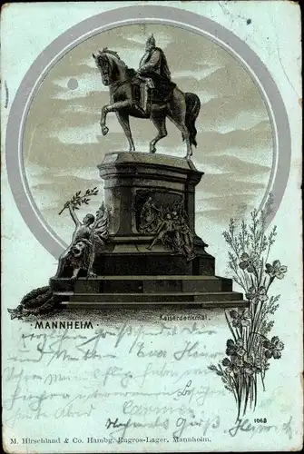 Mondschein Litho Mannheim in Baden, Kaiserdenkmal bei Nacht