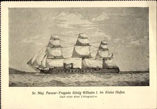 Künstler Ak Deutsches Kriegsschiff, SM Panzer Fregatte König Wilhelm I im Kieler Hafen