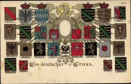 Präge Wappen Litho Ein deutscher Gruß, Kaiser Wilhelm II., Anhalt, Sachsen, Hamburg, Bayern