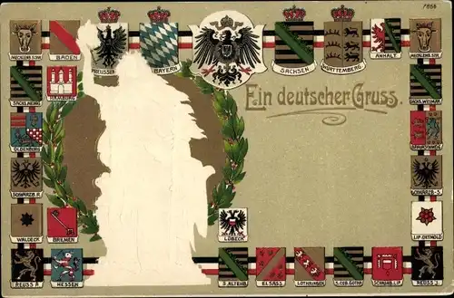 Präge Wappen Litho Ein deutscher Gruß, Landeswappen, Germania