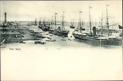Ak Port Said Ägypten, Hafen, Dampfer, Leuchtturm