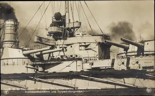 Ak Deutsches Kriegsschiff, SMS Thüringen, Schlachtkreuzer, Kommandobrücke, Torpedofangnetze