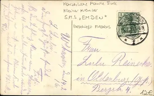 Ak Deutsches Kriegsschiff, SMS Emden, Kleiner Kreuzer, Dresden Klasse, beschießt Madras, 22.09.1914