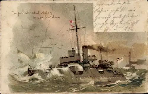 Litho Deutsche Kriegsschiffe, Torpedobootsdivision in der Nordsee, Kaiserliche Marine