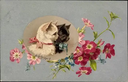 Litho Katzenportrait, Zwei junge Katzen, Blumen