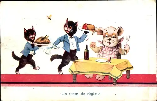 Ak Vermenschlichte Katzen als Kellner, Hund am Tisch