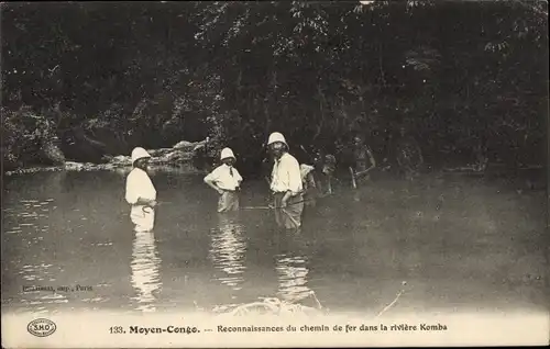 Ak Republik Kongo Französisch Kongo, Fluss Komba, Kolonisten, Vermessung der Eisenbahnstrecke