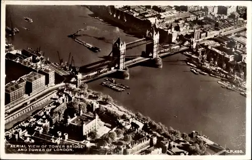 Ak London City England, Aerial View of Tower Bridge and Tower of London