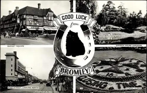 Ak Borough of Bromley London England, Market Square, Church House Gardens, floral clock, Katze