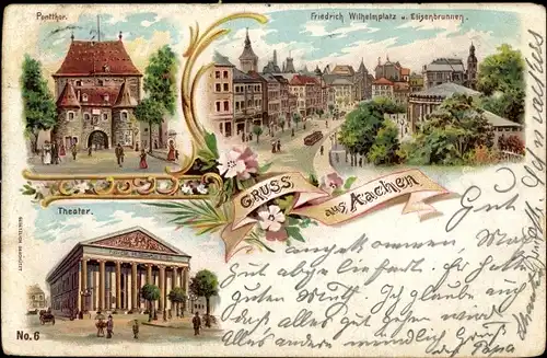 Litho Aachen, Friedrich Wilhelm Brunnen, Elisenbrunnen, Theater, Ponttor