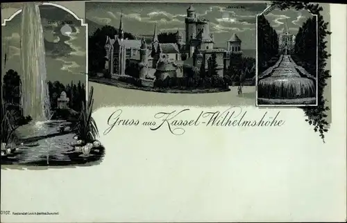 Mondschein Litho Bad Wilhelmshöhe Kassel in Hessen, Springbrunnen, Kaskade, Mondlicht