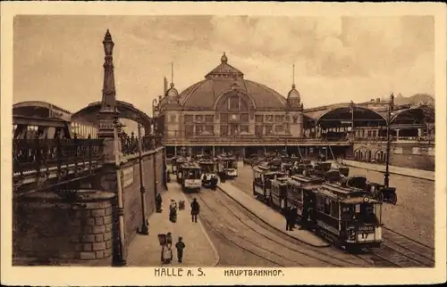 Ak Halle an der Saale, Hauptbahnhof, Straßenbahnen