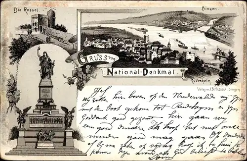 Litho Rüdesheim am Rhein in Hessen, Niederwald Nationaldenkmal, Bingen, Rossel