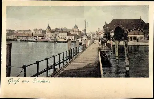 Ak Konstanz am Bodensee, Anlegesteg mit Blick zur Stadt, Dampfer