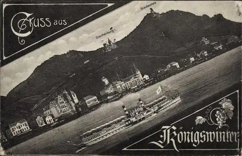 Ak Königswinter am Rhein, Rheinblick mit Dampfer, Drachenburg, Drachenfels