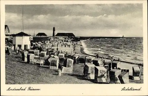 Ak Büsum Kreis Dithmarschen, Südstrand, Strandkörbe, Leuchtturm