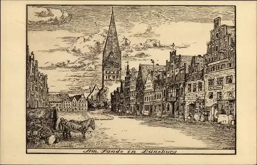 Künstler Ak Lüneburg in Niedersachsen, Am Sande, Straßenpartie, Uhrenturm, Giebelhäuser