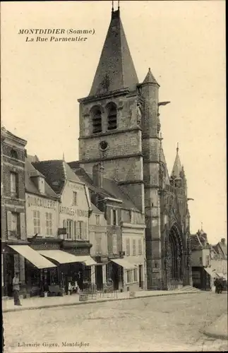 Ak Montdidier Somme, Rue Parmentier, Kirche, Geschäfte
