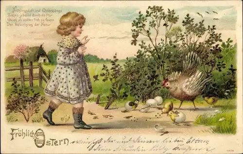 Präge Glitzer Litho Glückwunsch Ostern, Mädchen mit Henne und Küken