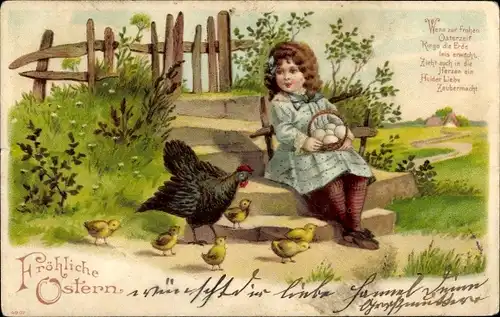 Präge Litho Glückwunsch Ostern, Mädchen, Küken, Henne, Eier