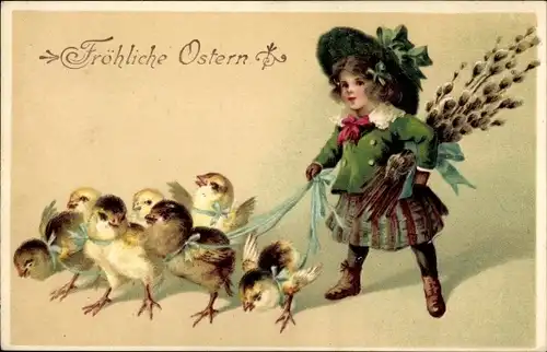 Präge Ak Glückwunsch Ostern, Mädchen, Weidenkätzchen, Küken