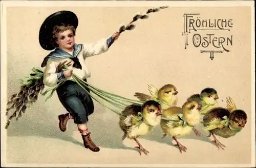Präge Ak Glückwunsch Ostern, Junge, Weidenkätzchen, Küken