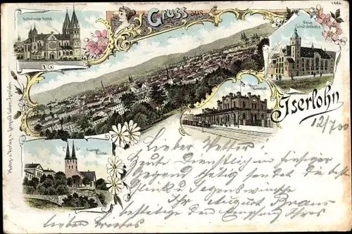 Litho Iserlohn im Märkischen Kreis, Katholische Kirche, Gesamtansicht, Bahnhof