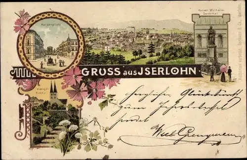 Litho Iserlohn im Märkischen Kreis, Kaiserplatz, Gesamtansicht, Kaiser Wilhelm Denkmal, Kirche