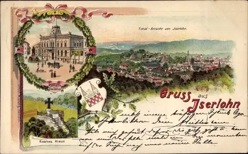 Litho Iserlohn im Märkischen Kreis, Gesamtansicht, Rathaus, Denkmal, Eisernes Kreuz